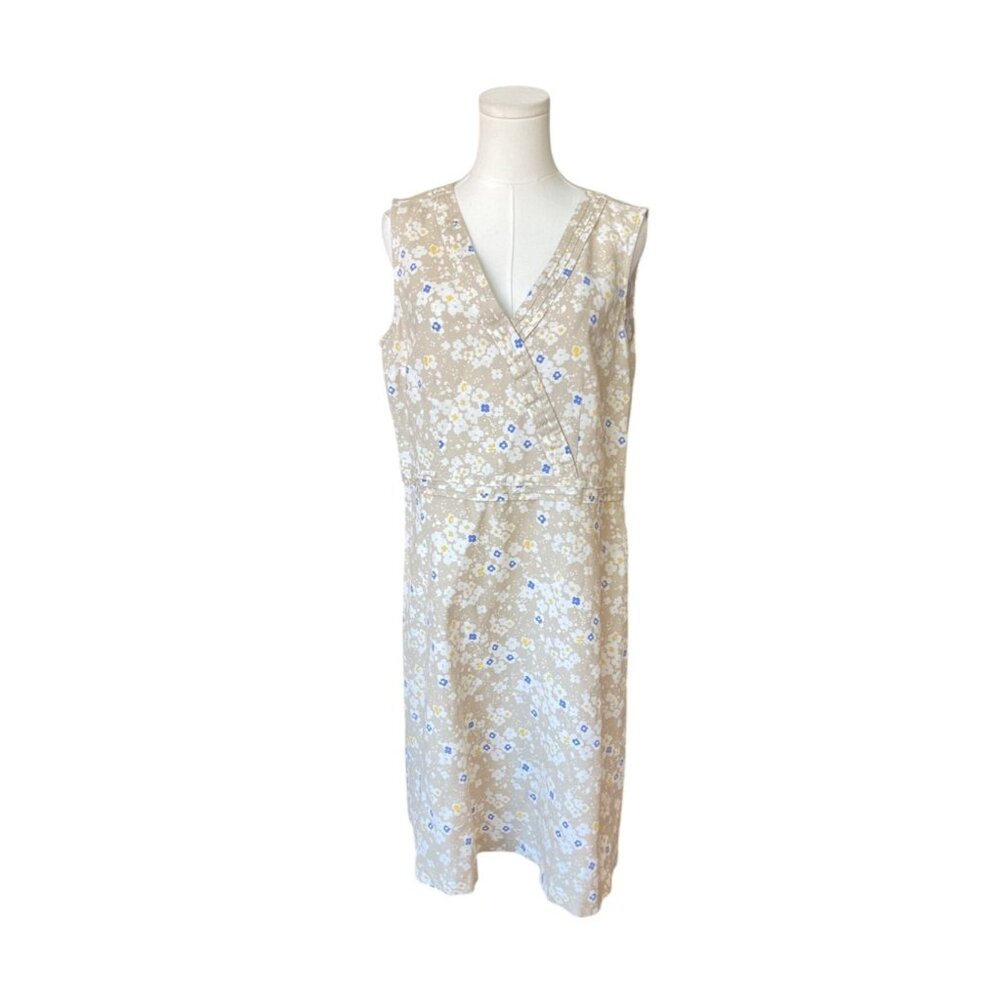 V
L.L Bean Linen Sleeveless Floral‎ Shift Sheath Dress Size 14 Faux Wrap Cotton